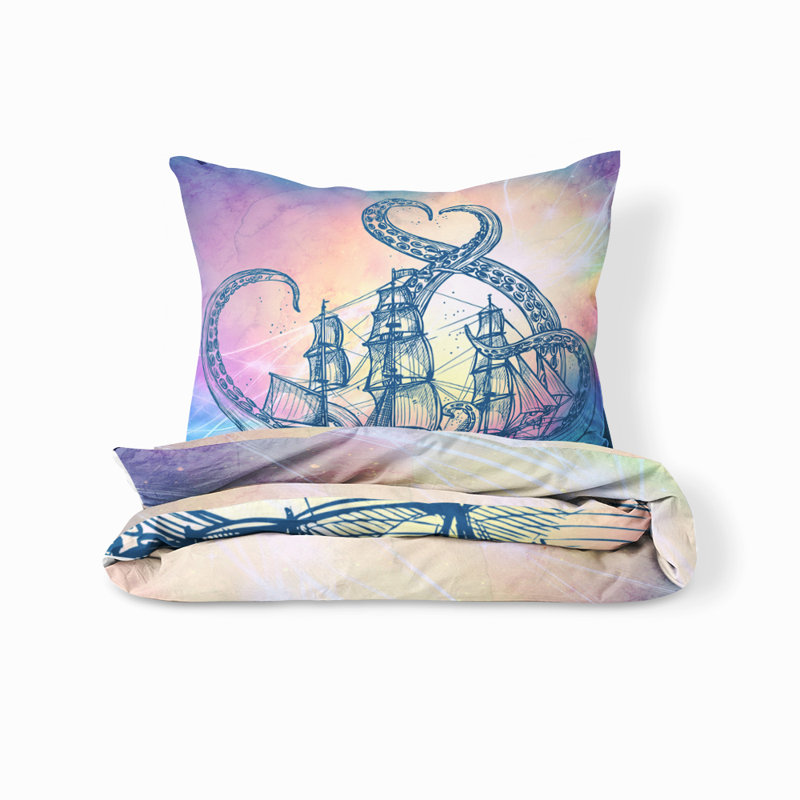  Ensemble de housse de couette Stormy Sky Kraken and Ship, Housse de couette simple et 2 taies décoratives