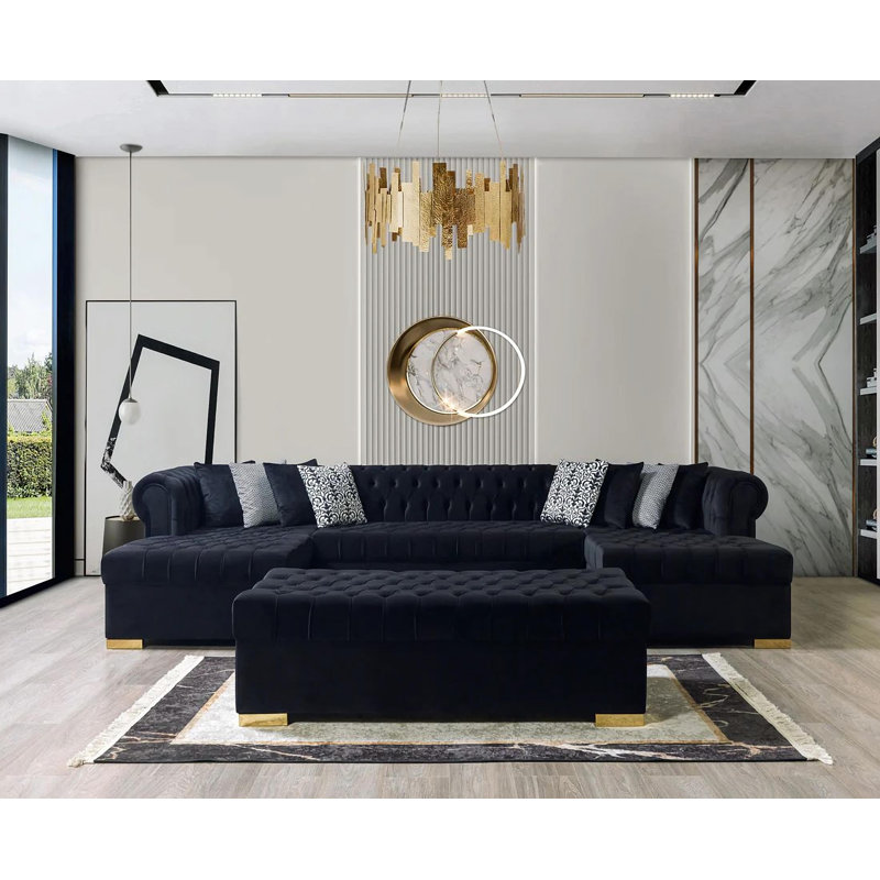 Canapé modulaire et repose-pieds Jelinek, Velours noir