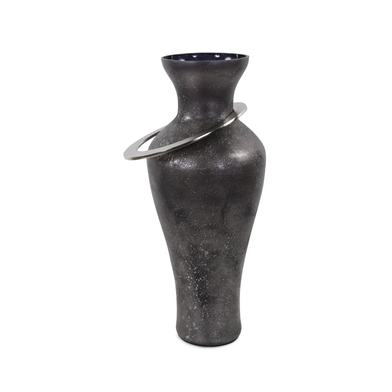 Black Ore Glass Vase with metal accent- Medium, 20.5" H x 9" W x 9" D