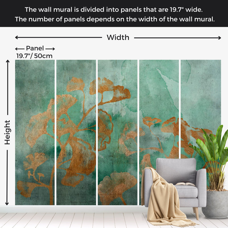 Papier peint botanique - Ginkgo cuivre abstrait, L 82 po x l 118 po