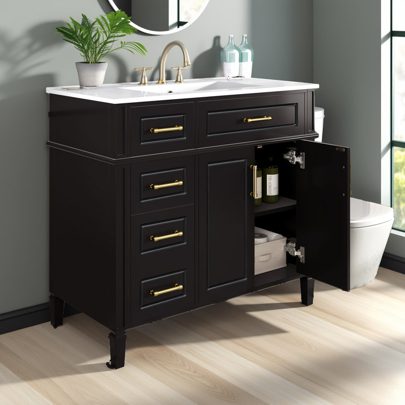 Meuble-lavabo autoportant - idéal pour les salles de bain et les salles d'eau avec quincaillerie décorative dorée, Noir