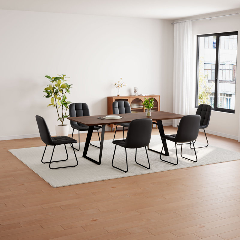 7-Piece Extendable Kitchen Dining Table with 6 Modern Dining Chairs, Black, Tan