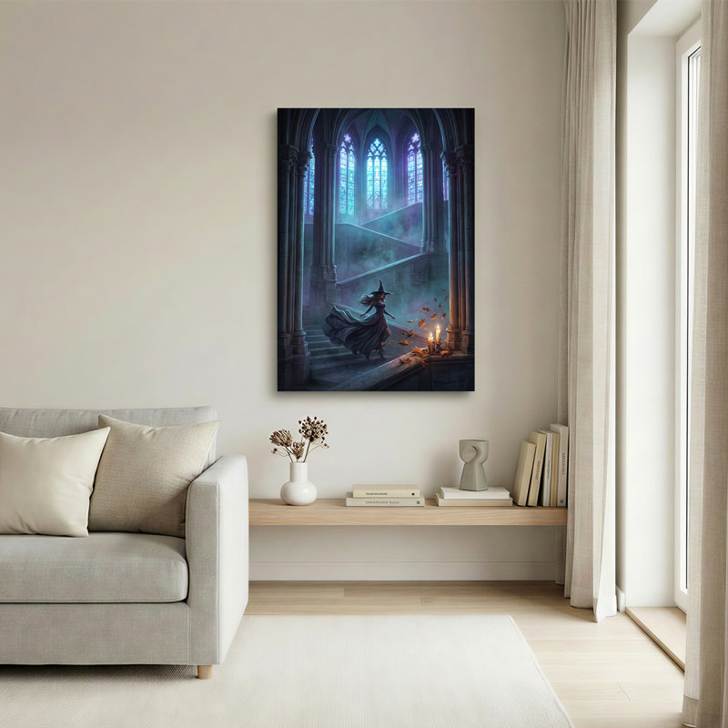 Sorcière marchant dans un escalier en pierre dans une cathédrale gothique bleue, art mural, 30"H x 20"W