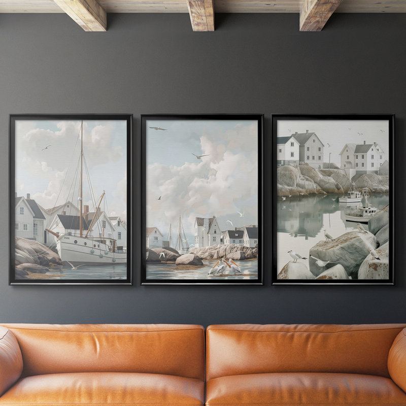 Fisherman's Way III - Toile tendue avec châssis sur mesure - 3 pièces, H 30 po x l 63 po, Noir, noir, noir, noir