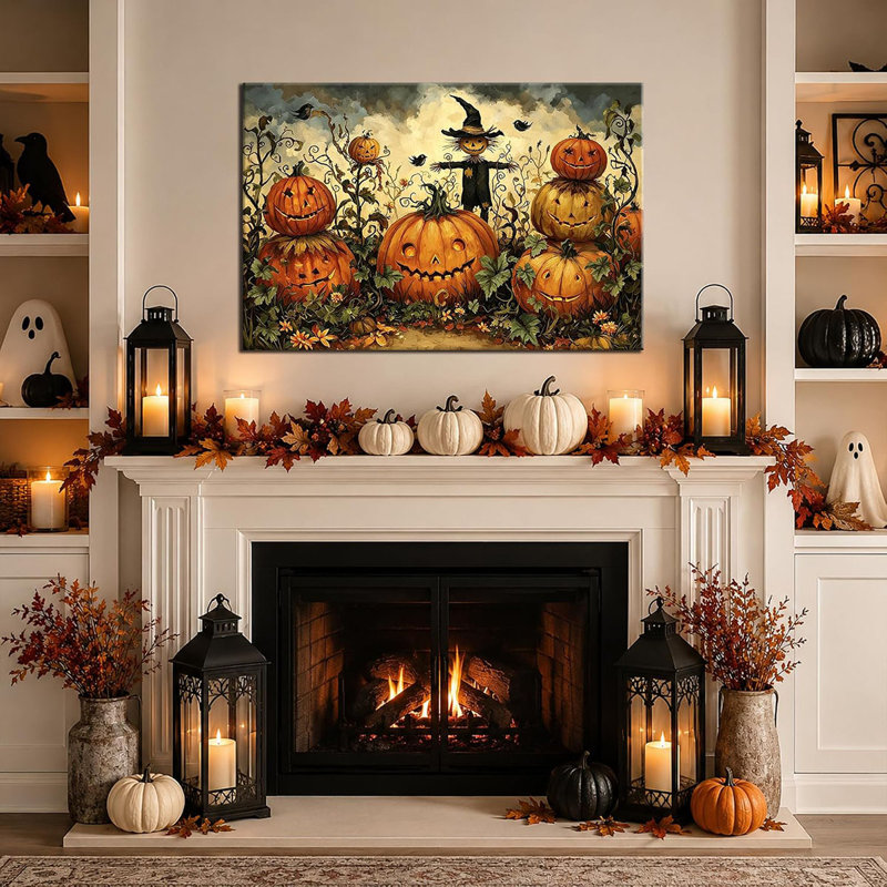 Fall Halloween Wall Art, Pumpkin Patch Halloween Pictures Wall Decor, Gothic Gallery-Inspired Canvas for Living Room Entryway Dining Room Ready to Hang, 12×18 inches