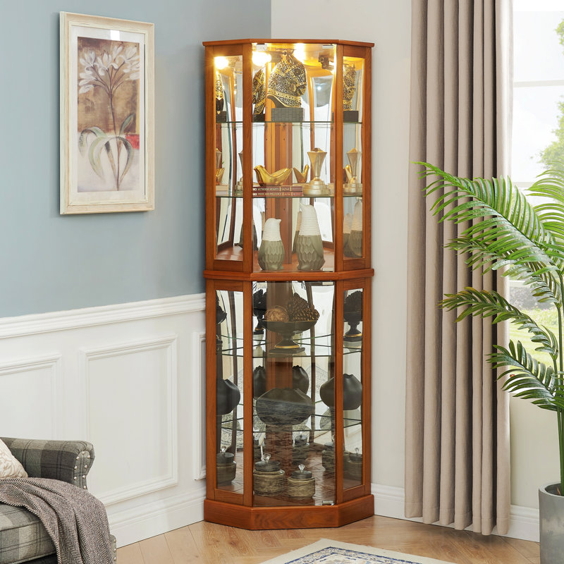 6 Shelf Corner Curio Display Cabinet With Lights, Oak