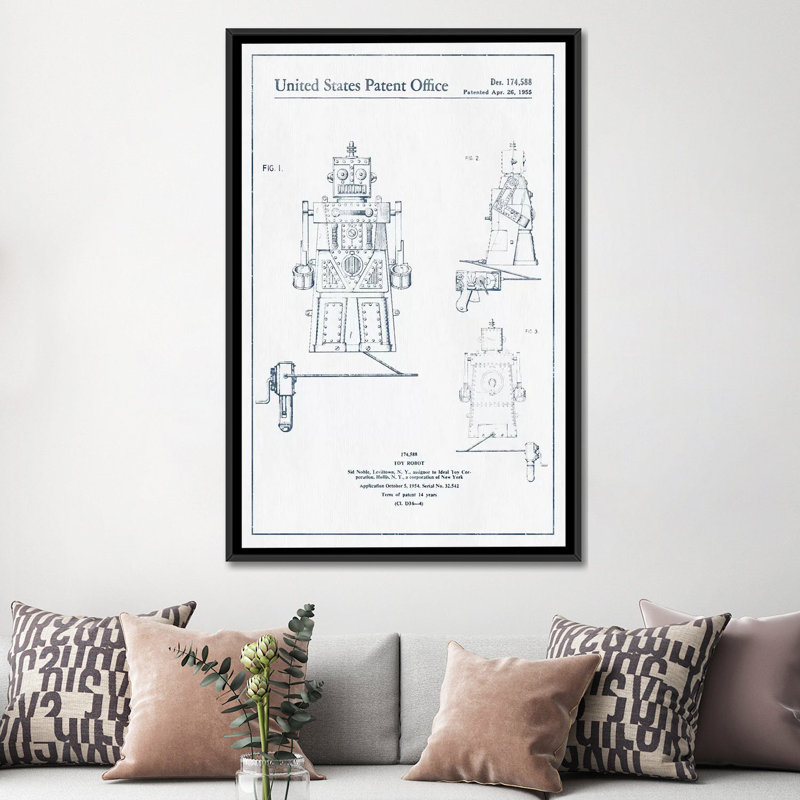 « sid noble toy, robot brevet », impression sur toile, H 26 po x l 18 po x P 1,5 po, Toile avec cadre noir, Pas de tapis