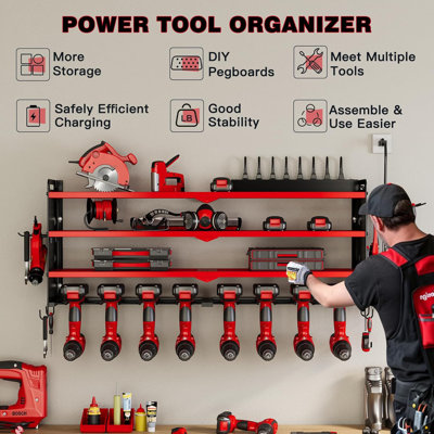 Cordless Tool Organizer With Charging Station - 32" Wall Mount Rack, 8 Drill Holders & Power Strip