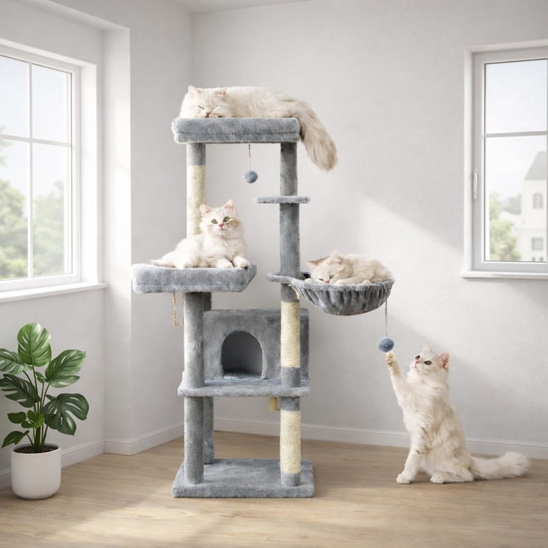 Tour pour arbre à chat de 57 pouces à plusieurs niveaux avec condo confortable, hamac et poteaux à griffer en sisal - Grand centre d'activités pour chats d'intérieur XL