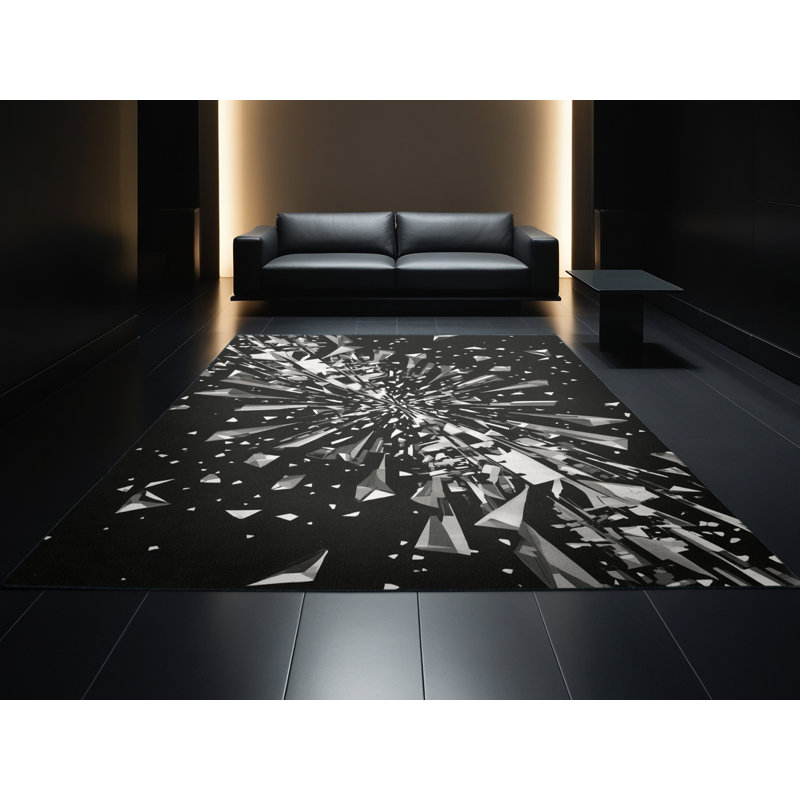 Machine Washable Carlstadt Modern Geometric Shapes Rug in Gray – Black Binding, 8' Square