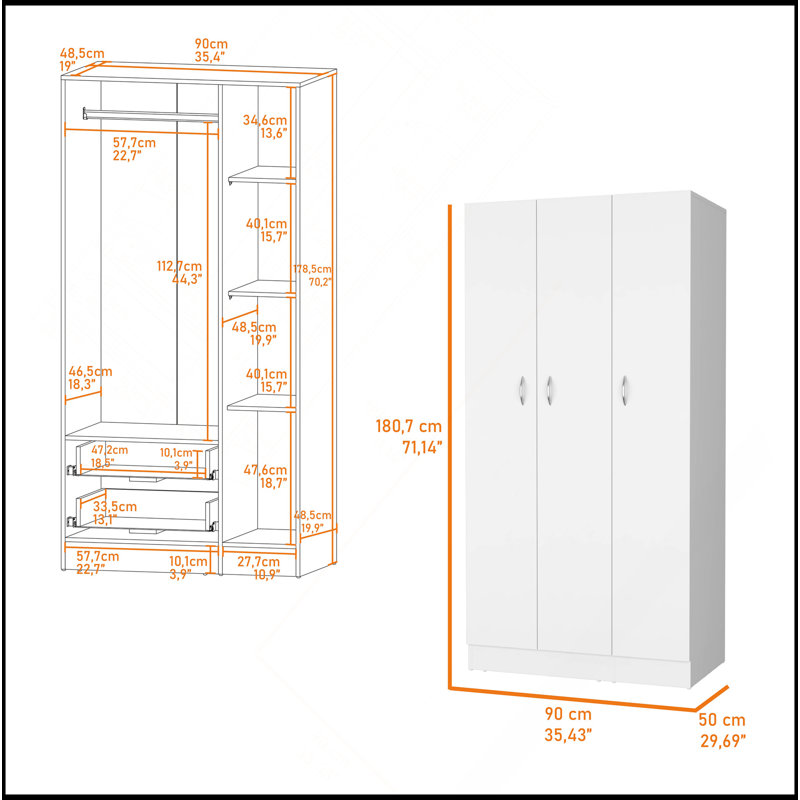Armoire Casper avec 2 tiroirs, tringle suspendue et 3 portes, Blanc
