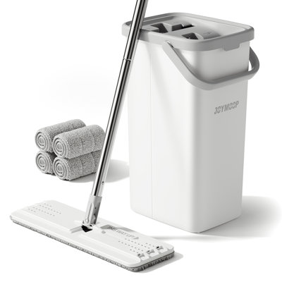 JOYMOOP Flat Squeeze Mop and Bucket Set, with 50" Mop Handle and 4 Grey Mricrofiber Pads