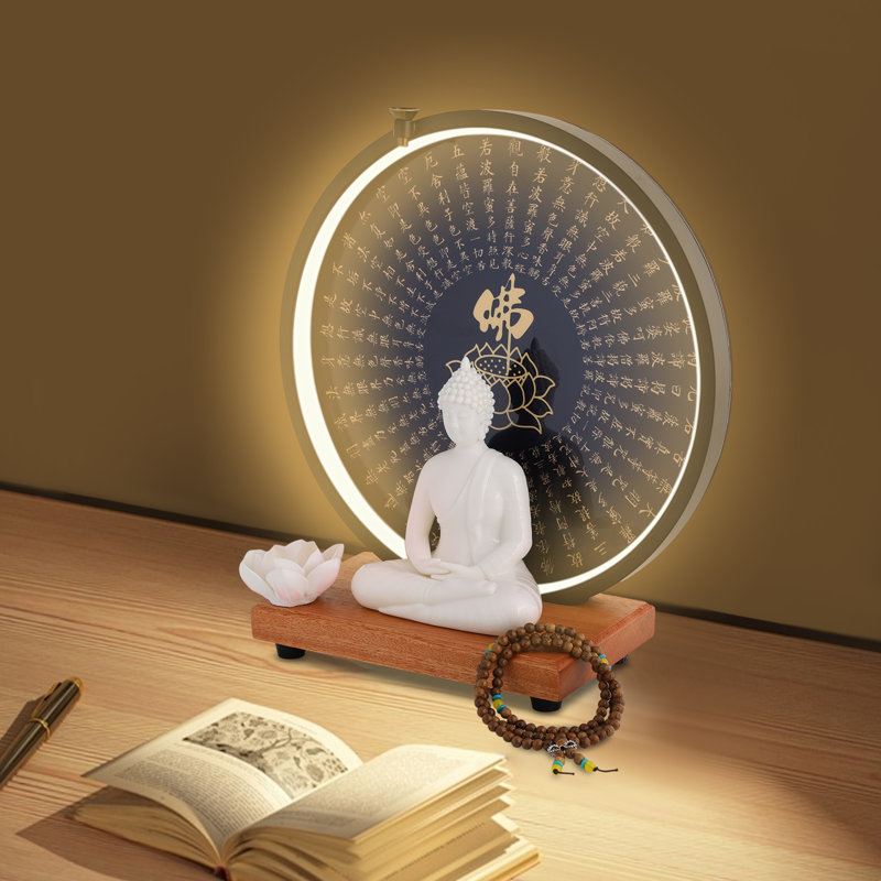 Statue de Bouddha en céramique avec lampe DEL circulaire pour la décoration intérieure, Blanc