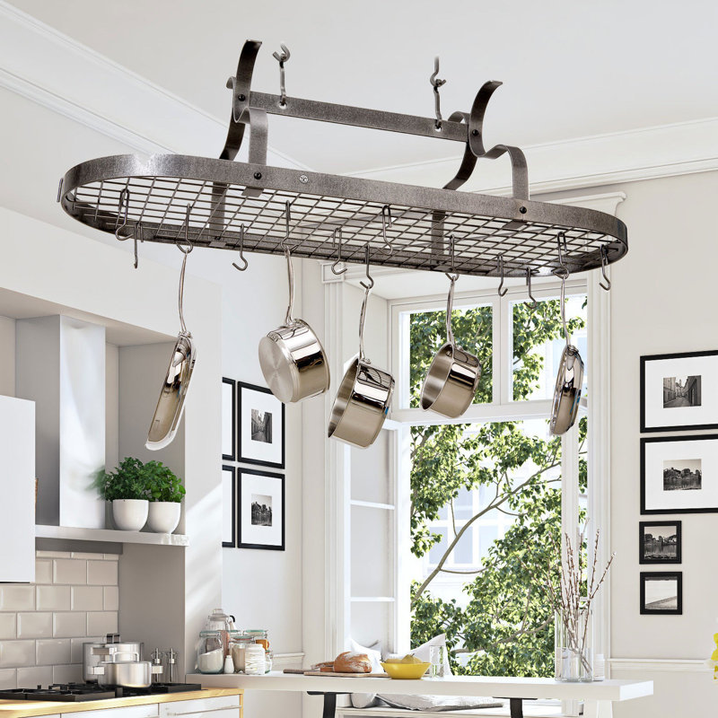Handcrafted Scroll Arm Oval Ceiling Pot Rack with 24 Hooks, Hammered Steel