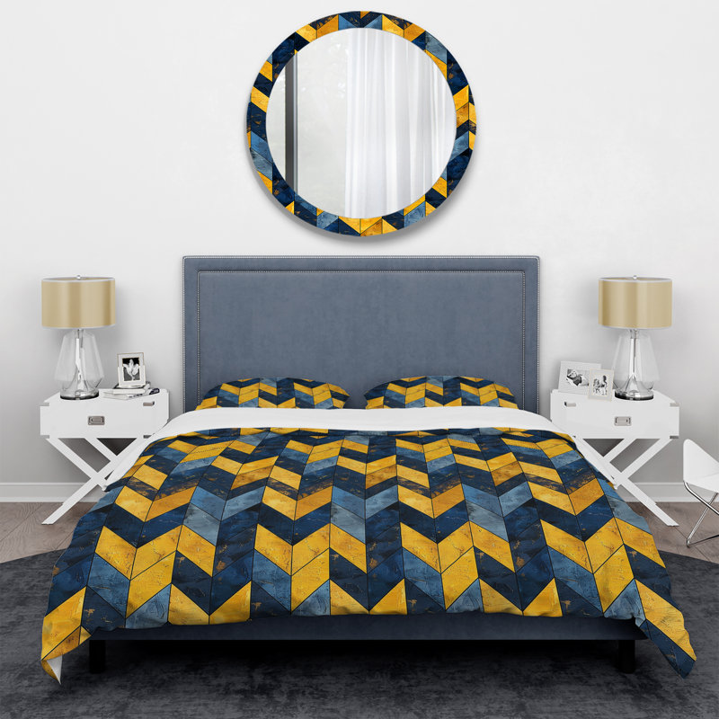 Ensemble de housse de couette moderne bleu et jaune à motif de chevrons glamour II