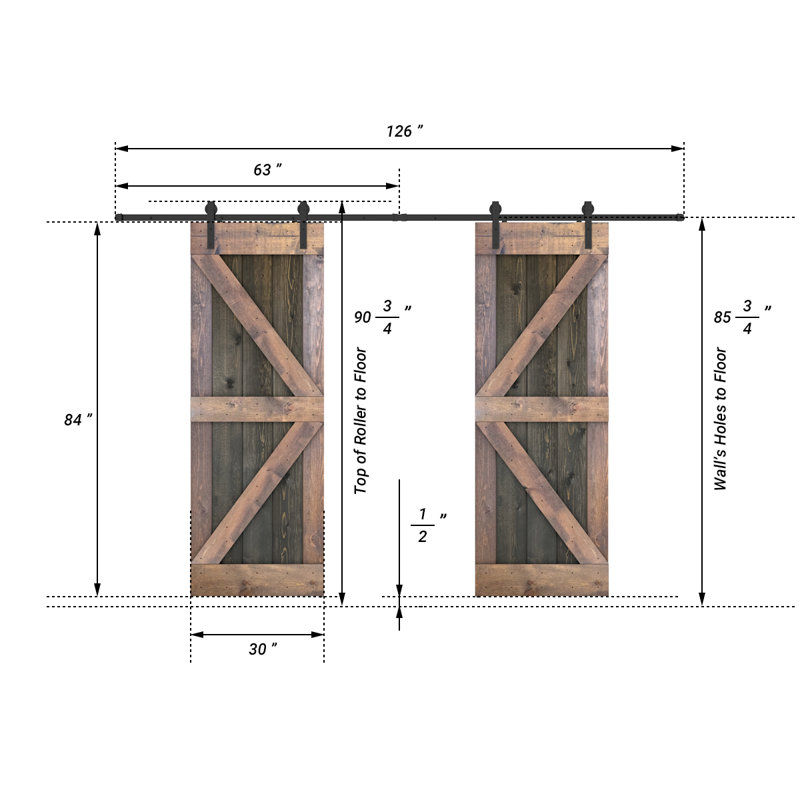 Porte de grange lambrissée peinte en bois et en métal, 60 po x 84 po, Acajou/ chêne