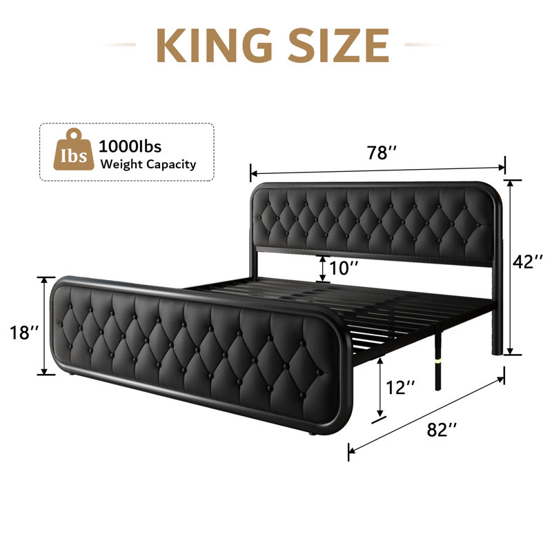 Structure de lit très grand en métal avec tête de lit en cuir, base de lit plateforme robuste, support de lattes en acier plus épais, espace sous le lit de 12 po, silencieux, assemblage facile, noir