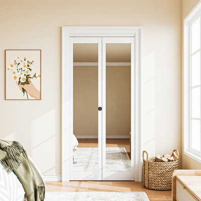 1 porte de garde-robe en bois manufacturé à double miroir pliable avec trousse d'installation 24 po x 80 po