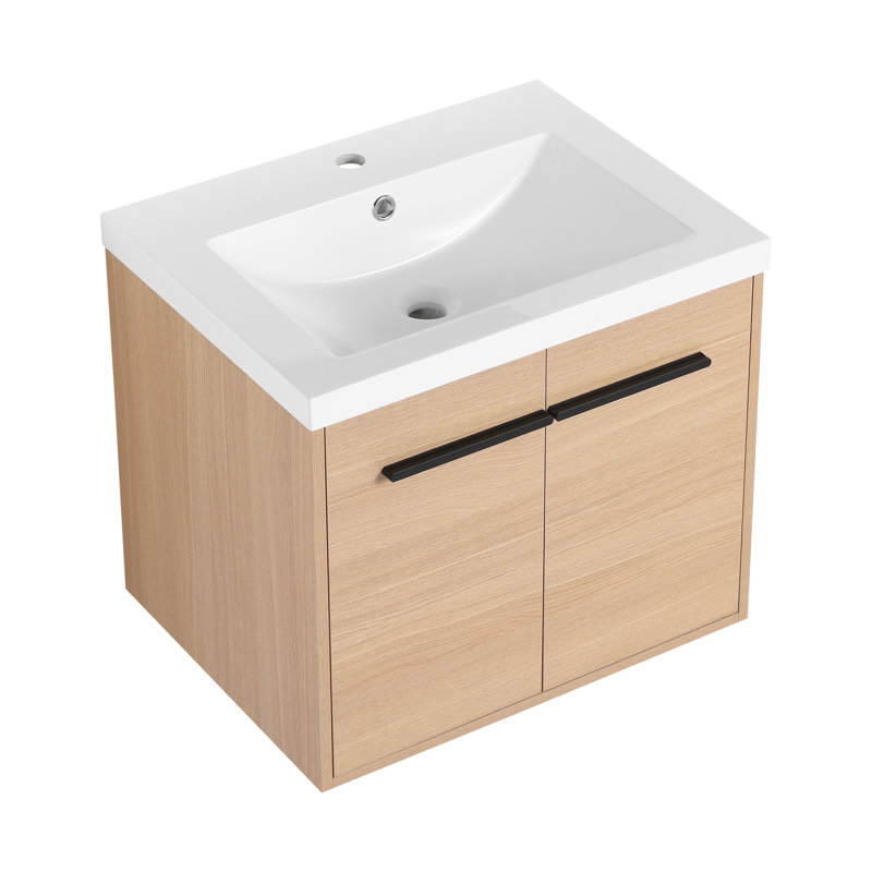 Meuble-lavabo de salle de bain 24 po - chêne avec lavabo en résine, armoire 2 portes, bois d'ingénierie fiable, comptoir de lavabo américain