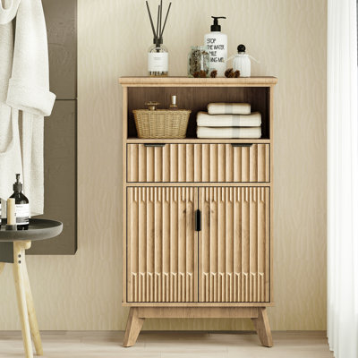  23" Fluted Accent Cabinet with Drawer and Doors, Small Storage Cabinet with Adjustable Shelf and Solid Wood Legs for Entryway, Living Room, Bathroom & Apartment