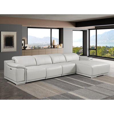 Light Gray Right-Facing 4-Piece L-Shaped Sectional In Genuine Leather With 3 Power Recliner & Adjustable Headrests