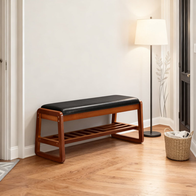 Banc à chaussures en bois massif avec rangement rabattable, range-chaussures à 2 niveaux avec coussin de confort pour le couloir et le salon