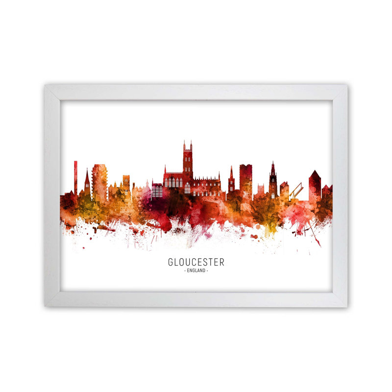 Gloucester England Skyline Red City Name by Michael Tompsett - Print, 59.4cm H x 84.1cm W x 3cm D, White Framed