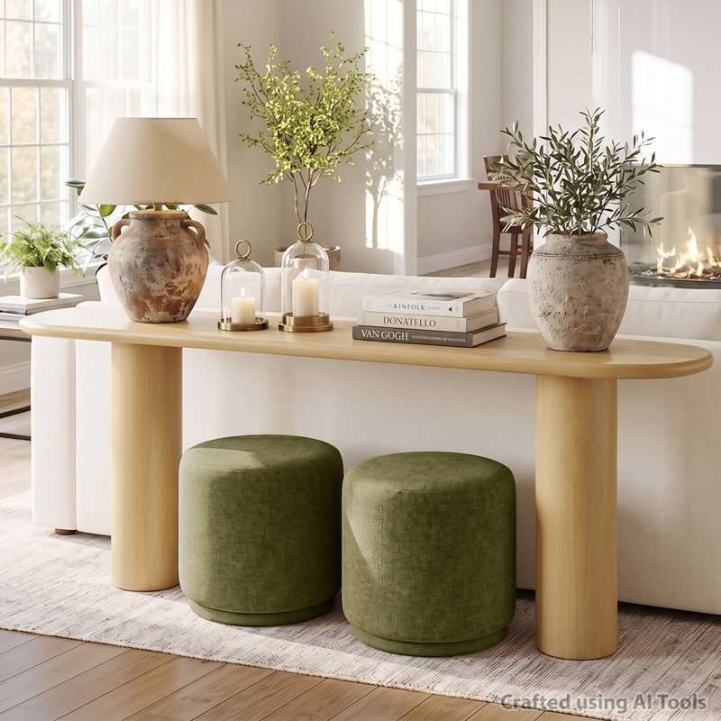 Ensemble de console 70 po en chêne avec 2 repose-pieds ronds rembourrés, Chêne, Vert