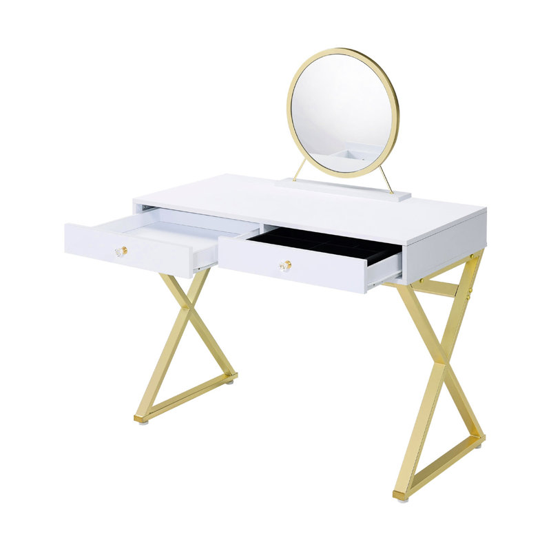 Rectangular White And Gold Vanity Desk With Mirror Jewelry Tray, Metal Frame, 2 Drawers For Spacious Bedroom Storage Solutions