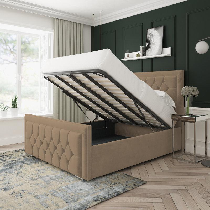 Maple Naples Velvet Upholstered Ottoman Bed Frame, Mink, Double (4'6)