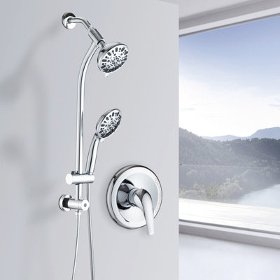 Système de douche à double tête - Barre coulissante en acier inoxydable, 7 modèles de jet, ABS de 5 po, 1,8 gallon par minute, Pomme de douche à fixation murale percée,