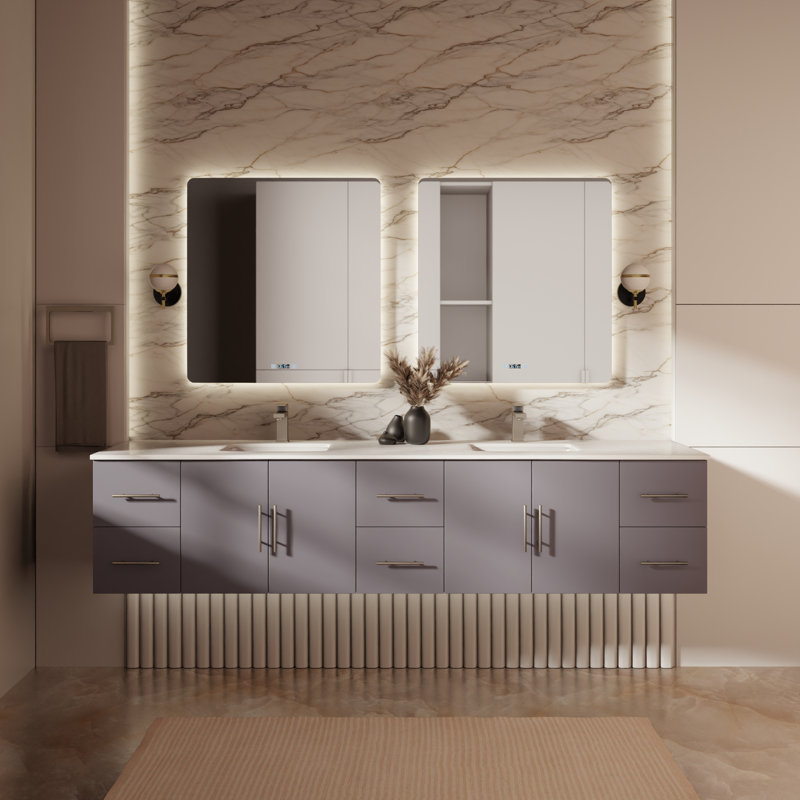 Geneva 84" Wall-Mounted Double Bathroom Vanity Set with Mirror, White Cultured Marble, Dark Gray