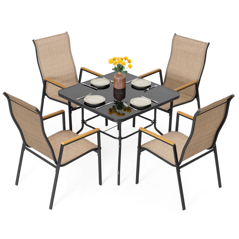 Ensemble de salle à manger 5 pièces avec trou pour parasol et chaises empilables PVC-coated polyester