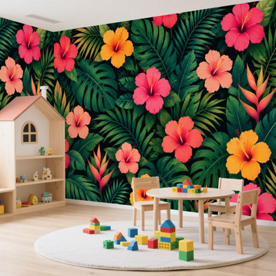 Papier peint adhésif auto-adhésif moderne pour la chambre à coucher avec fleurs d'hibiscus tropicales lumineuses et feuilles de palmier 100 "L x 144" Peel and Stick