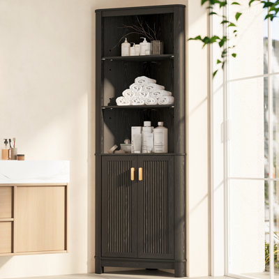 68" Tall Fluted Corner Cabinet For Bathroom, Modern Living Room & Kitchen - Adjustable Shelves, Space-saving Natural Oak Storage, Curved Profile Design