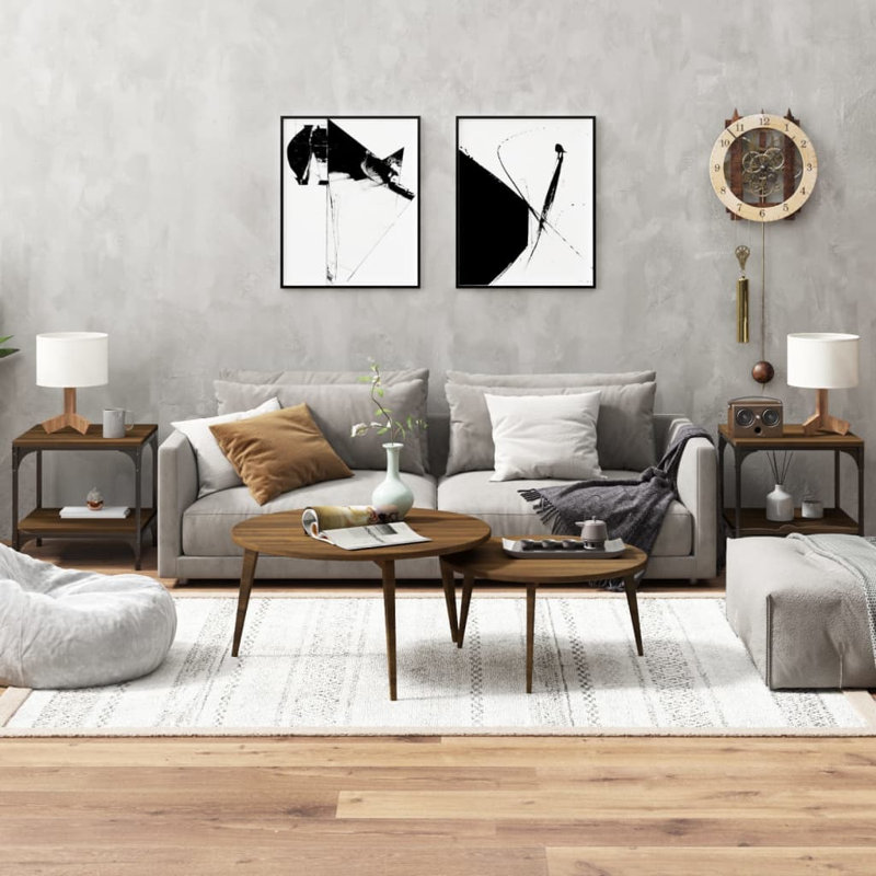 Gerlad Frame Side Table Set, Brown Oak