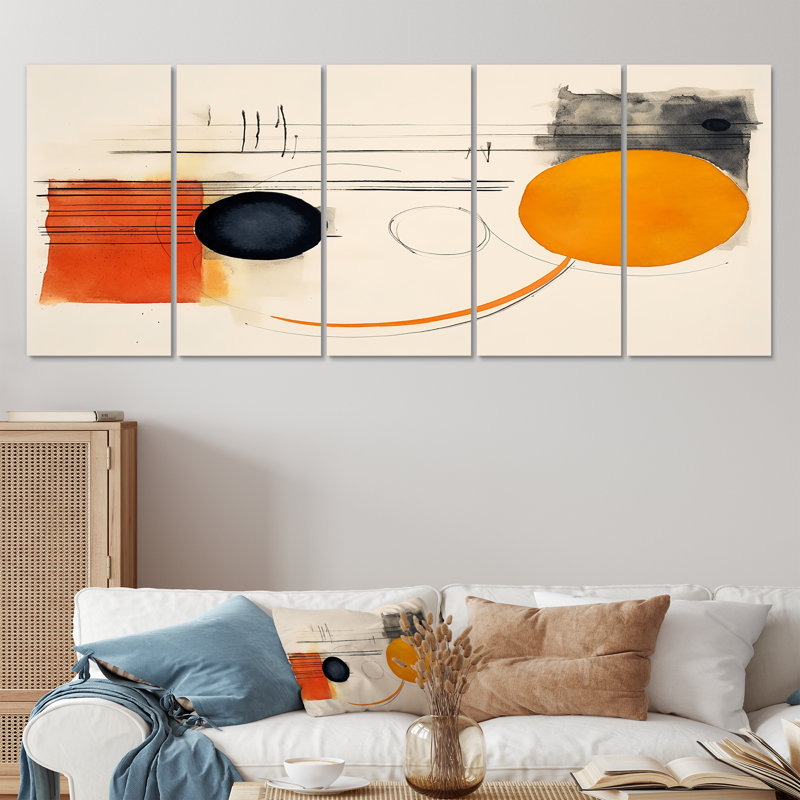 Lune orange abstraite, minimalisme rétro - art mural abstrait 5 pièces, H 28 po x l 60 po