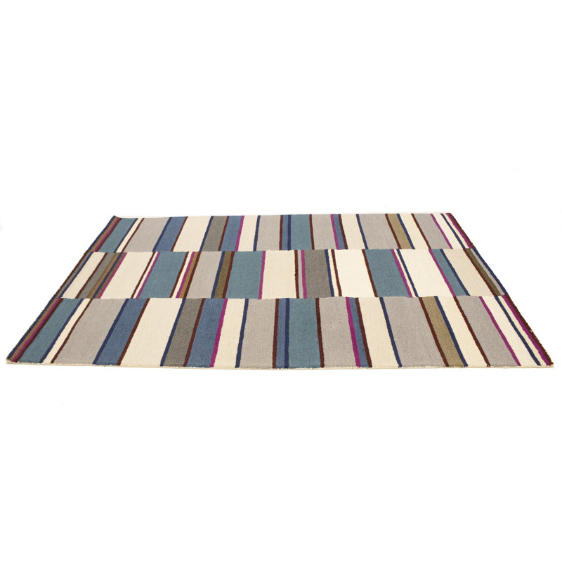 Tapis rectangulaire en laine touffeté à la main rayé vert / beige / brun Fakieh