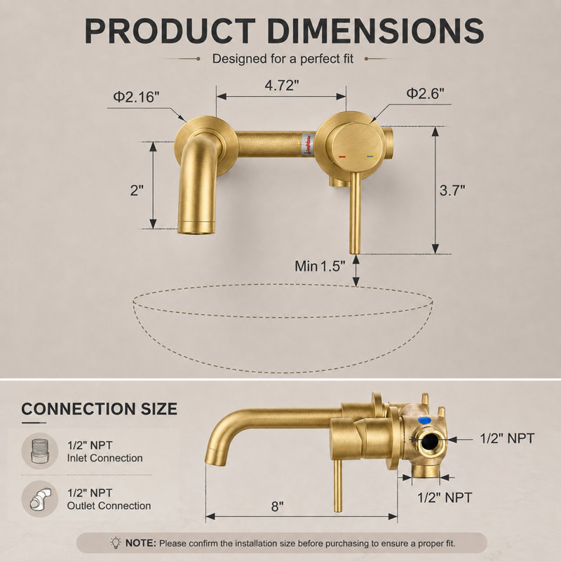 Wall Mount Bathroom Faucet with Single Handle Design and Brass Construction, Brushed Gold