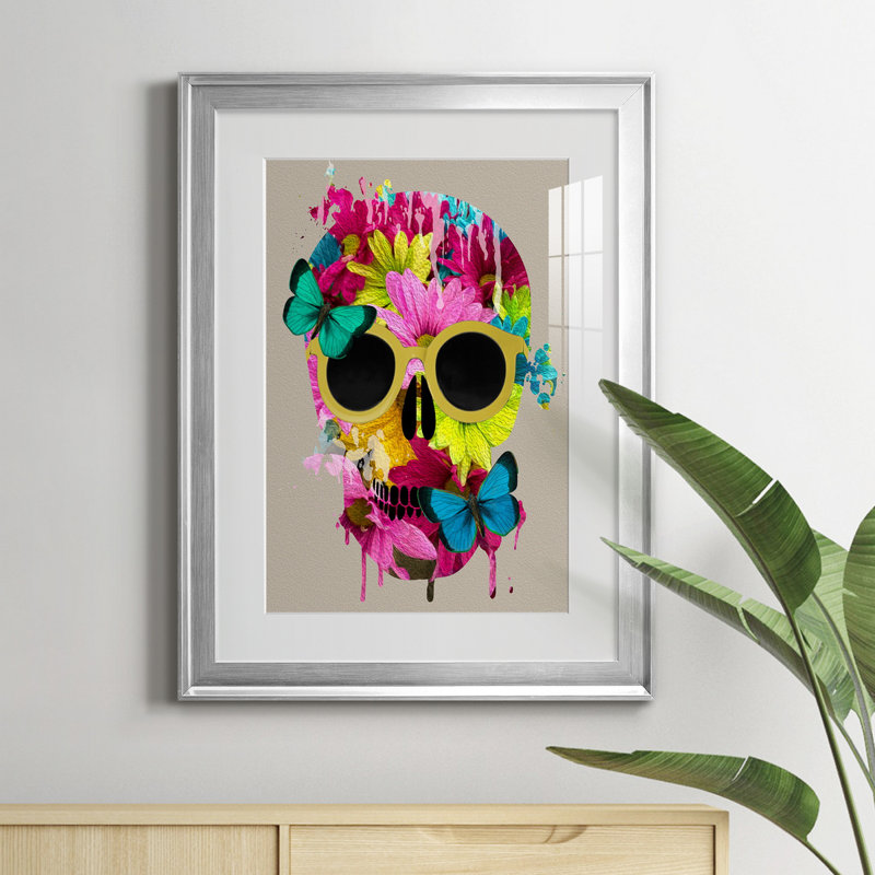 Crâne floral - peinture encadrée, Argent, H 22,5 po x l 30,5 po x P 1,5 po