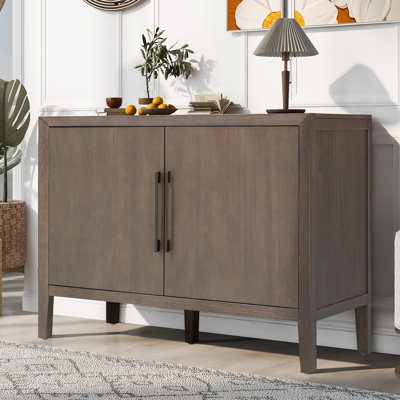 47.25-Inch Farmhouse Sideboard with Pine Veneer and 2 Doors, Retro Buffet with Adjustable Feet, Minimalist Wooden Storage Cabinet with Metal Handles f