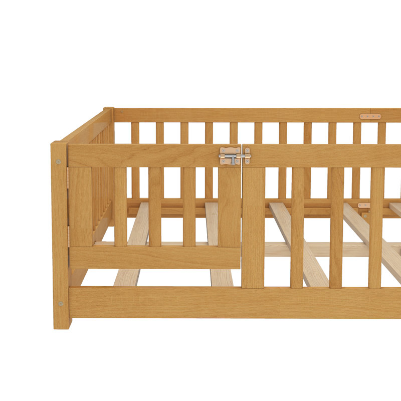 Queen Floor Bed With Safety Guardrails For Kids,montessori Floor Bed With Slats And Convertible Door, Queen Size Bed Frame For Girls And Boys,no Box Spring Needed