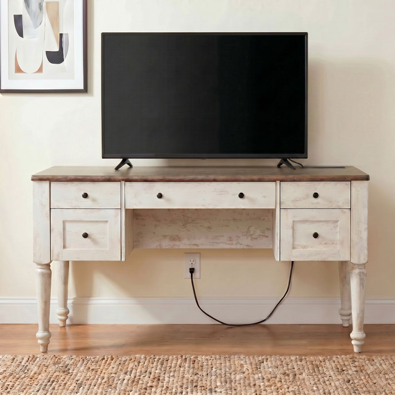 Morden TV Stand for 60 inch TV with 5 Drawers, Wooden Universal TV Stand with Storage Cabinets, Vintage Office Desk with Charging Station, Entertainment Center TV Console Table for Living Room, Rustic White
