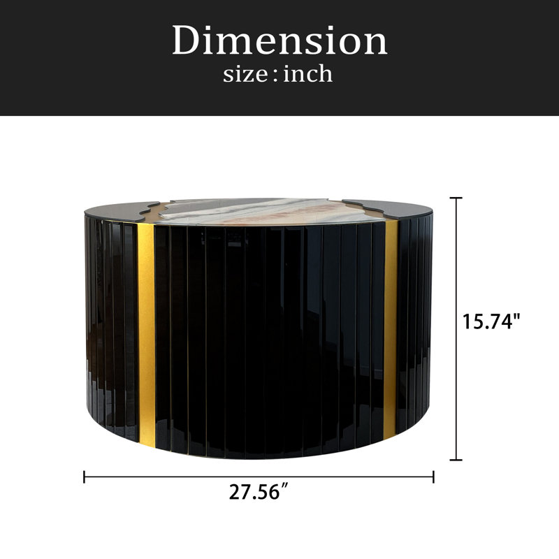 Table basse cylindrique noire et noire en verre noir avec miroir effet poudre dorée et motif de marbre sur la table d'appoint.