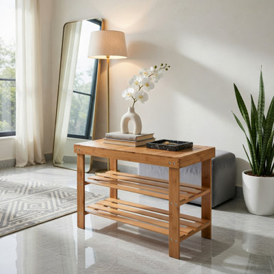 Banc de rangement à chaussures à 3 niveaux en bambou - Finition naturelle, blanche et noire - Banc d'entrée robuste avec tablette pour chaussures, plantes ou chevet