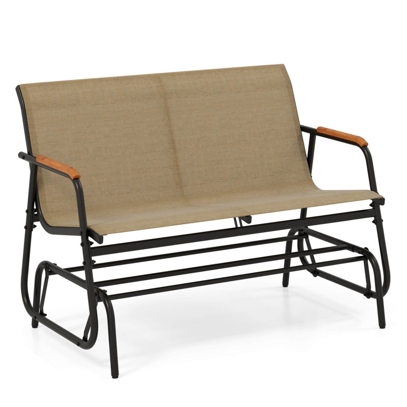 Patio Glider Bench For 2 Swing Gliding Loveseat With Curved Teak Armrests For Porch, 33" H x 45" W x 29" D