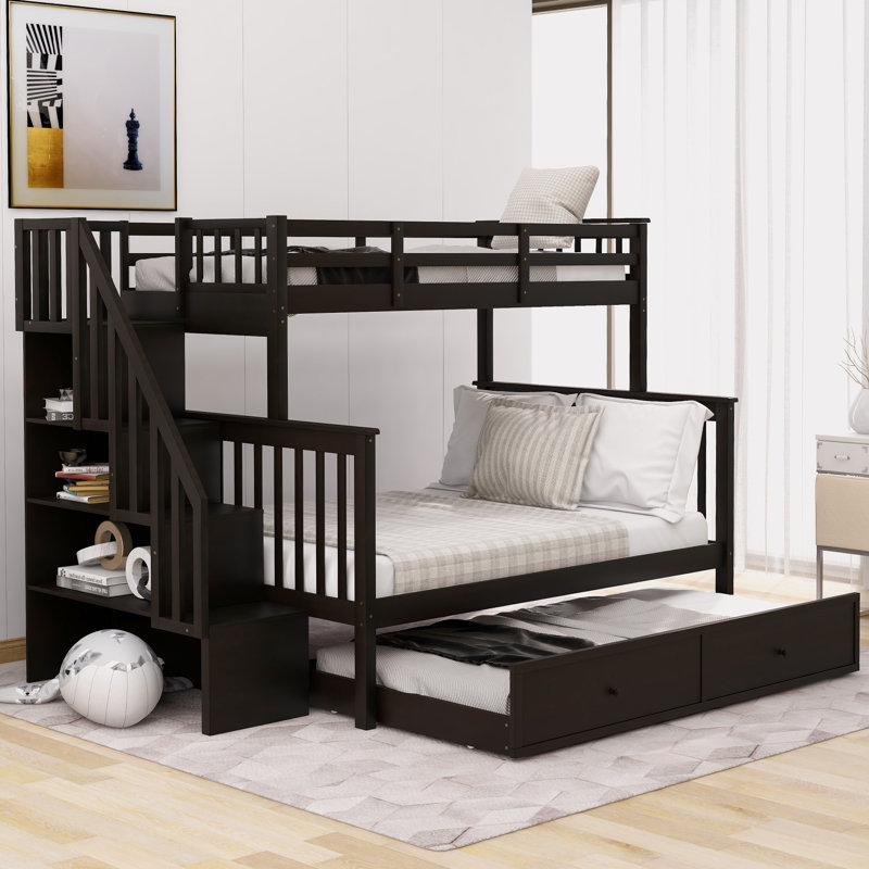 Twin Over Full Bunk Bed with Trundle, Storage Drawers & Guard Rail, Staircase Wood Frame for Bedroom or Dorm, Espresso