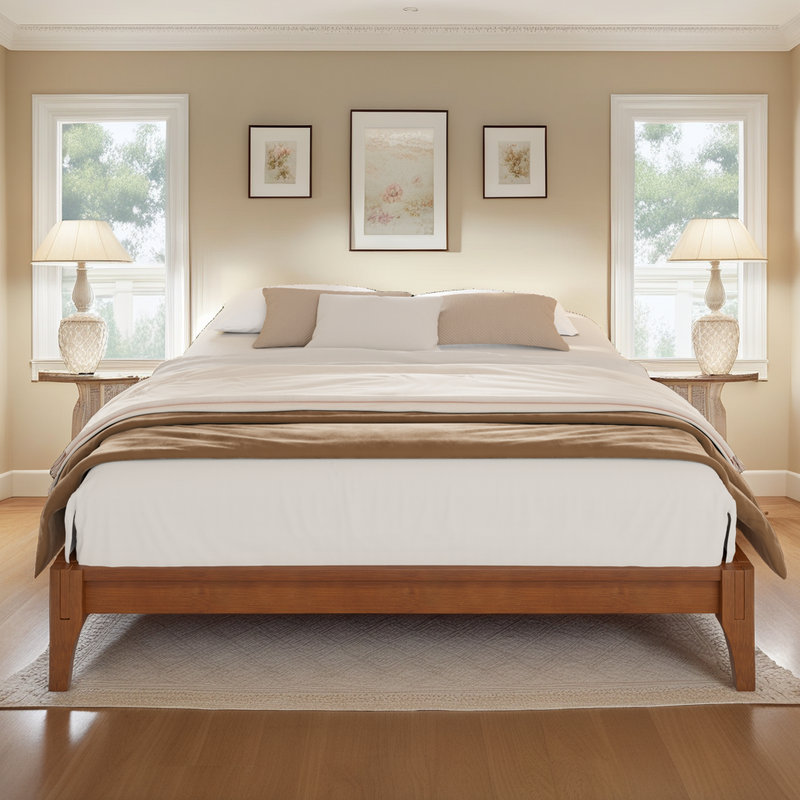 Base de lit plateforme en bambou avec lattes de bois et support en métal, rangement sous le lit de 7,3 po, Noyer, Lit double