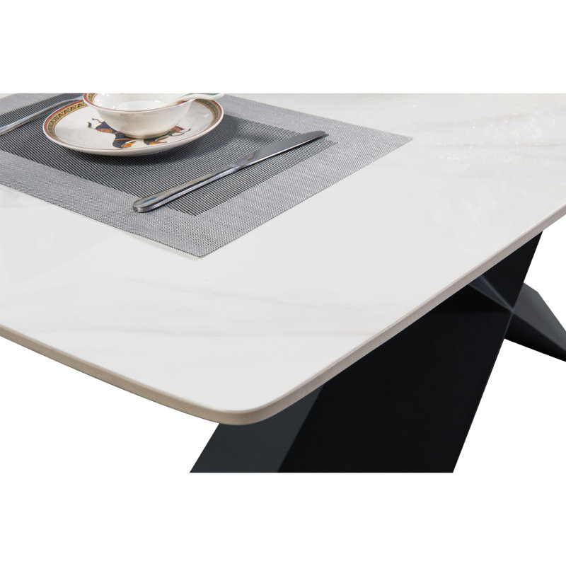 Table de salle à manger rectangulaire avec base en piédestal en forme de X en noir et blanc