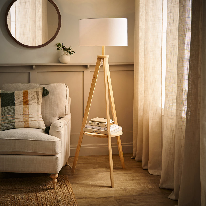 Ismay 149 cm Morrigan Wood Tripod Floor Lamp with Shelf & XL Reni Shade, White, Yes, Light Brown